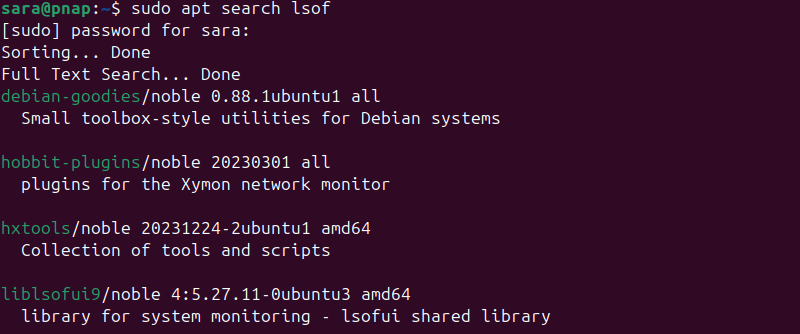 sudo apt search lsof terminal output