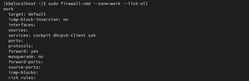 sudo firewall-cmd --zone=work --list-all terminal output