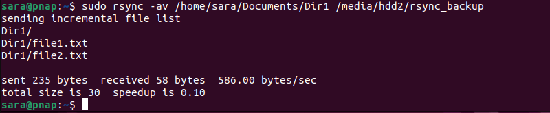 sudo rsync -av /home/sara/Documents/Dir1 /media/hdd2/rsync_backup terminal output