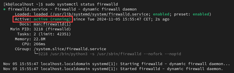 sudo systemctl status firewalld active (running)