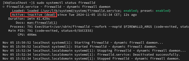 Check firewalld status on CentOS and Rocky Linux - firewalld inactive (dead)