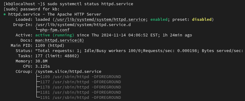 sudo systemctl status httpd.service terminal output