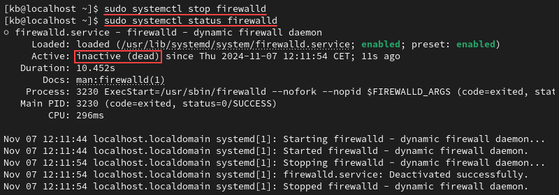 sudo systemctl stop firewalld terminal output