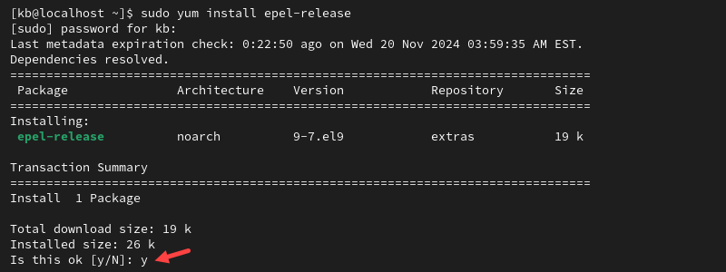 sudo yum install epel-release terminal output