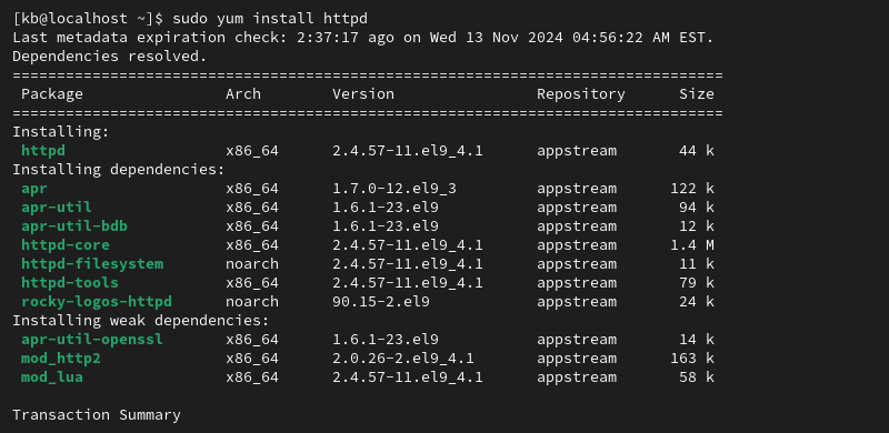 sudo yum install httpd terminal output