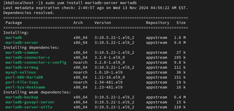 sudo yum install mariadb terminal output