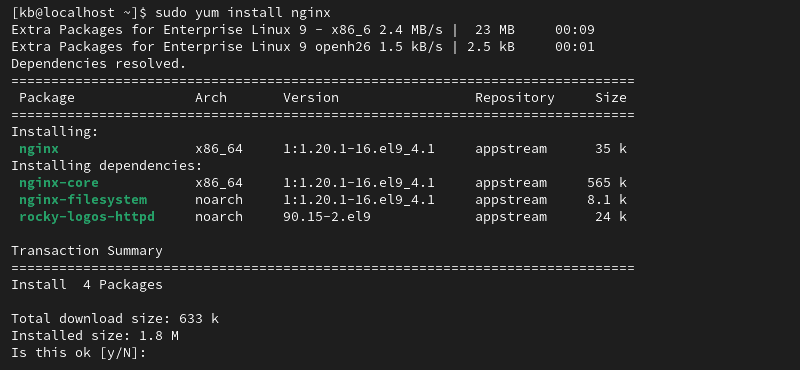 sudo yum install nginx dependencies terminal output