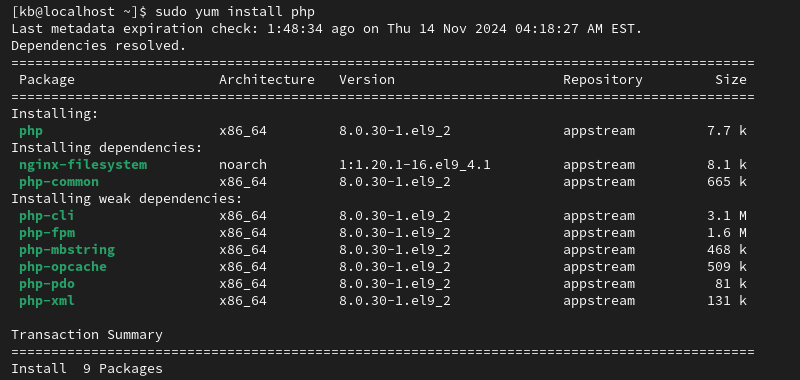 sudo yum install php terminal output