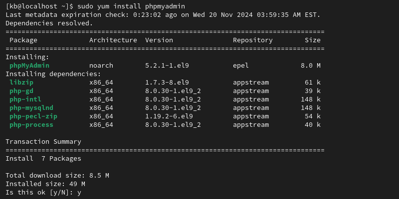 sudo yum install phpmyadmin terminal output