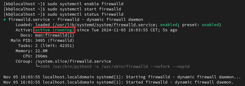 Enable and start firewalld on CentOS and Rocky Linux