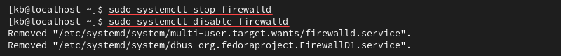 systemctl stop and disable firewalld terminal output