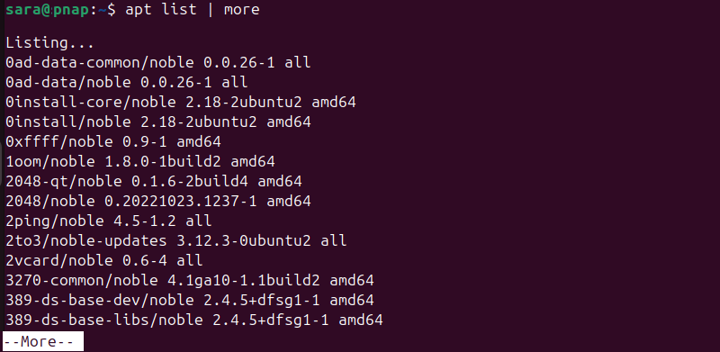 apt list | more terminal output