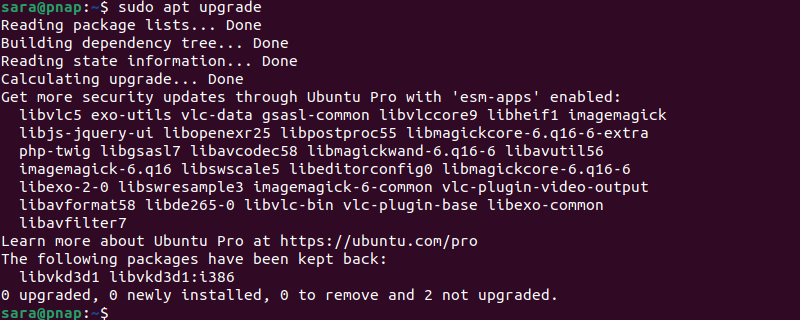 terminal output for sudo apt upgrade