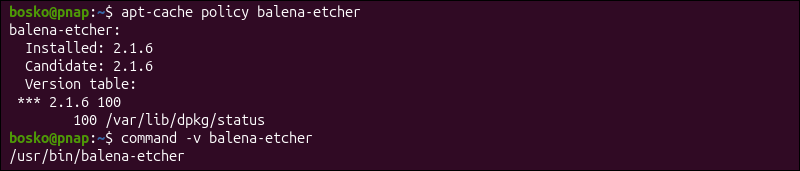 Verifying Etcher installation on Ubuntu.