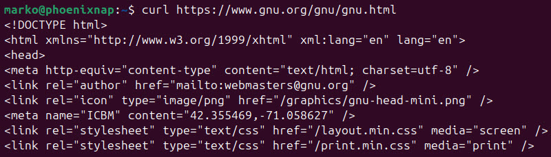 HTML contents found on the URL provided after the curl command.