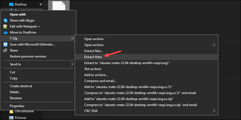 Windows 7-zip Extract here ubuntu MATE img.xz file explorer