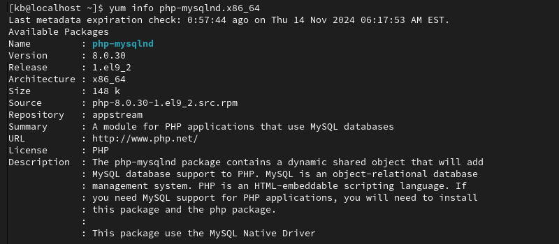 yum info php-mysqlnd terminal output