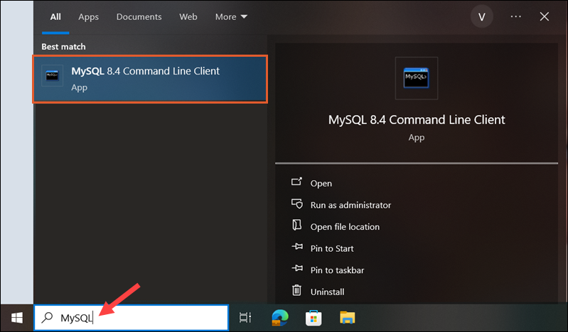 Open the MySQL client form Windows start menu.