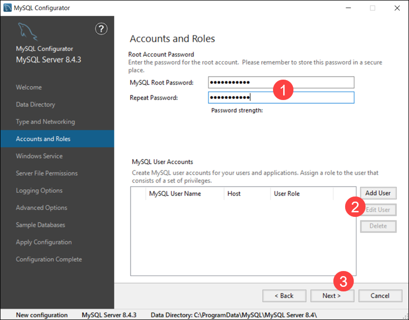 Set MySQL accounts and roles on Windows server.