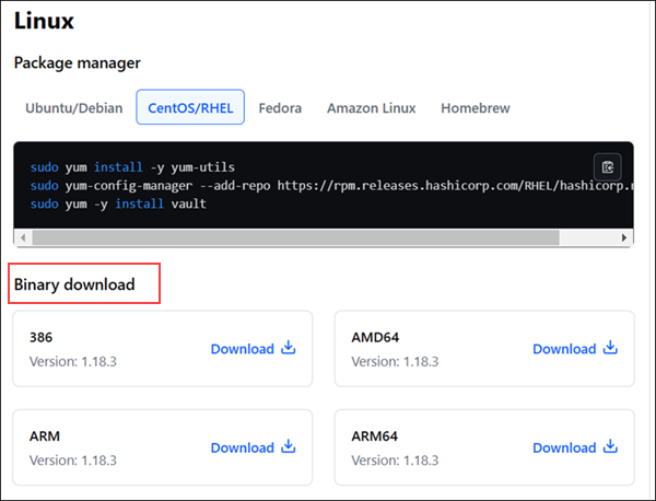 Binary download subsection for Vault