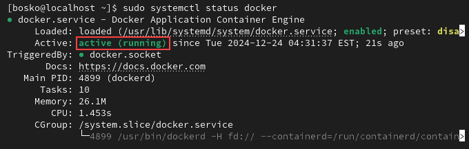 Checking the Docker service status on Rocky Linux.