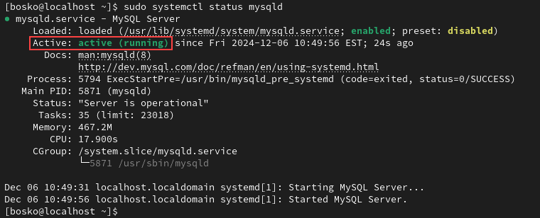 Checking the MySQL service status after installation.