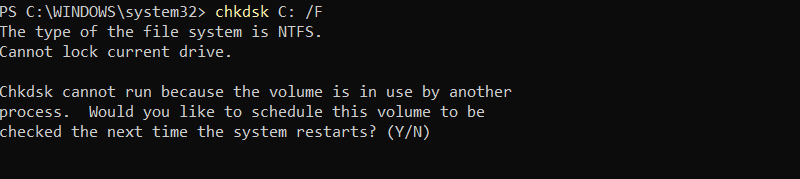 chkdsk C: /F PowerShell output