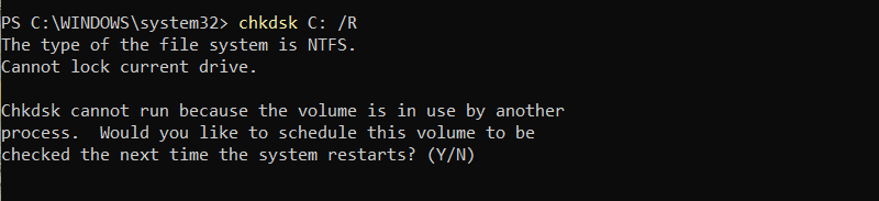 chkdsk C: /R PowerShell output