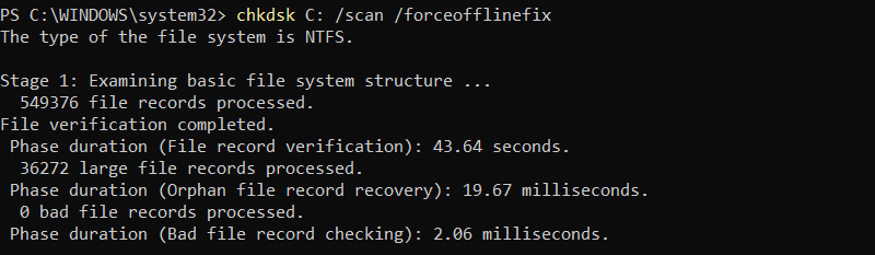 chkdsk C: /scan /forceofflinefix powerShell Output