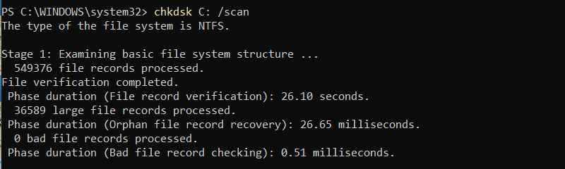 chkdsk C: /scan PowerShell output