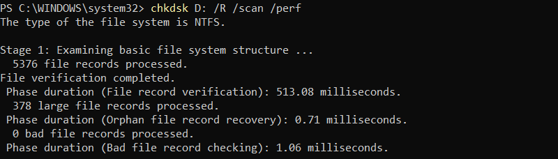 chkdsk D: /R /scan /perf PowerShell output