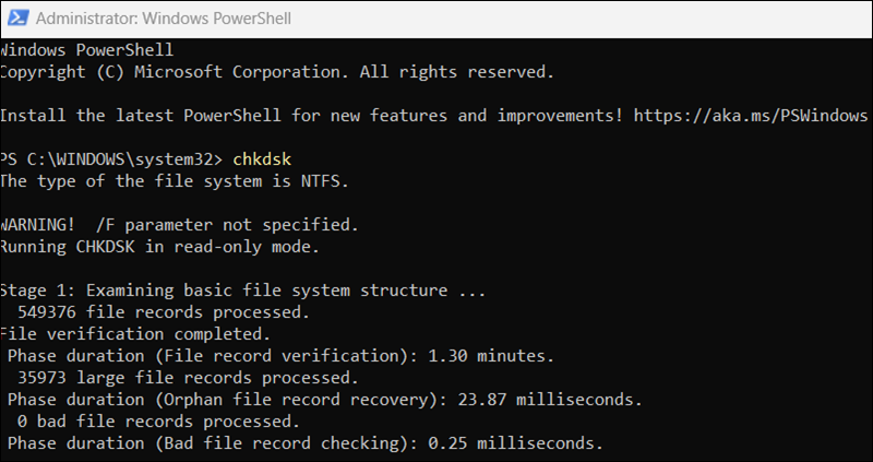 chkdsk PowerShell output