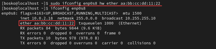 Changing the MAC address using the ifconfig command.