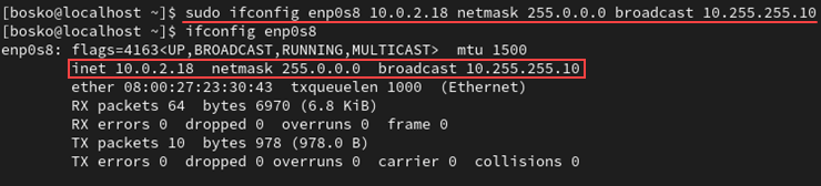 Output from ifconfig after changing IP address, netmask and broadcast in one line.