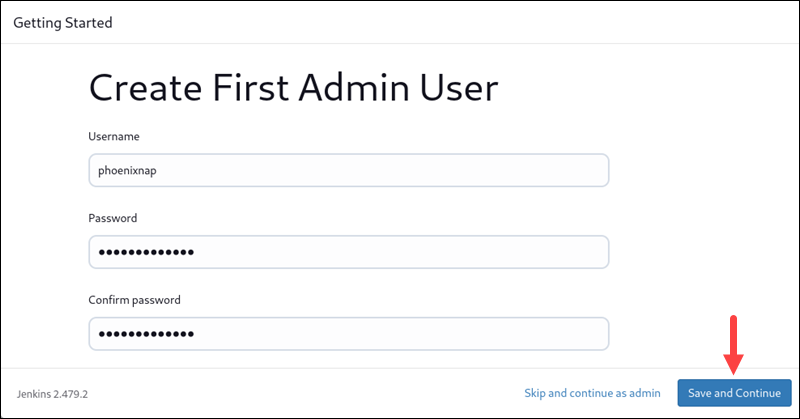 Create the first admin user in Jenkins.