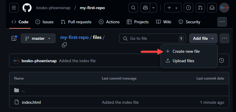 Creating a new file on GitHub.