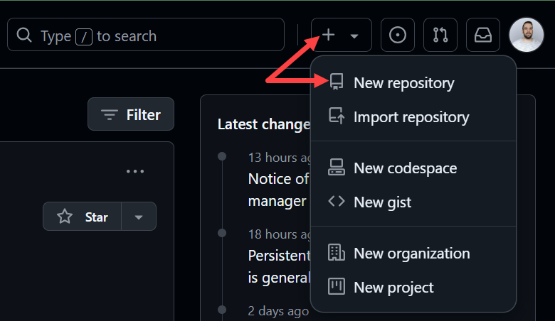 Creating a new repository in GitHub.