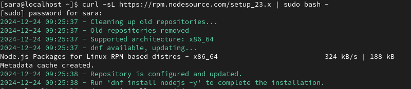 curl -sL https://rpm.nodesource.com/setup_23.x | sudo bash - terminal output