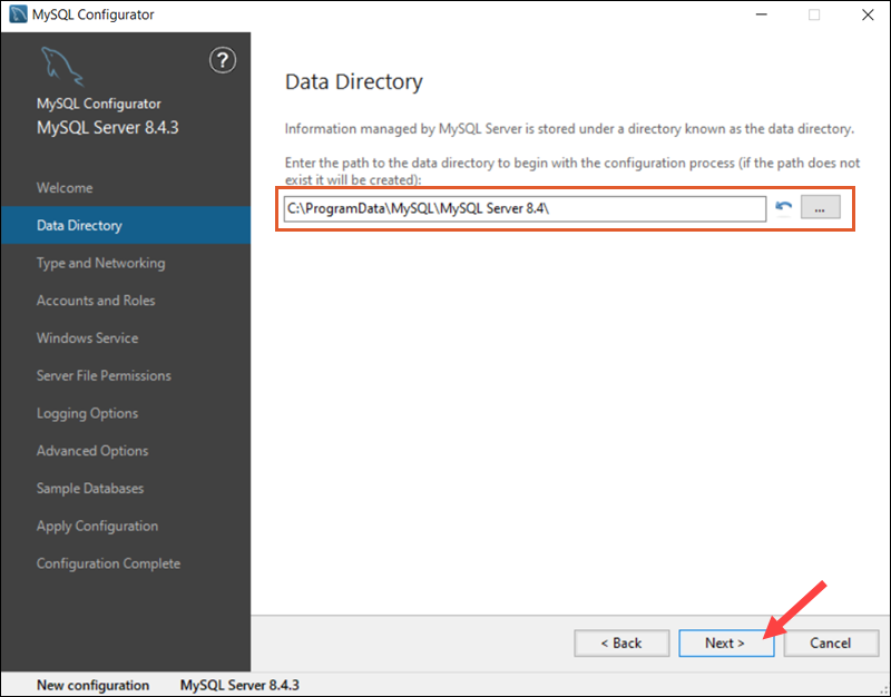 Select MySQL Data Directory path.