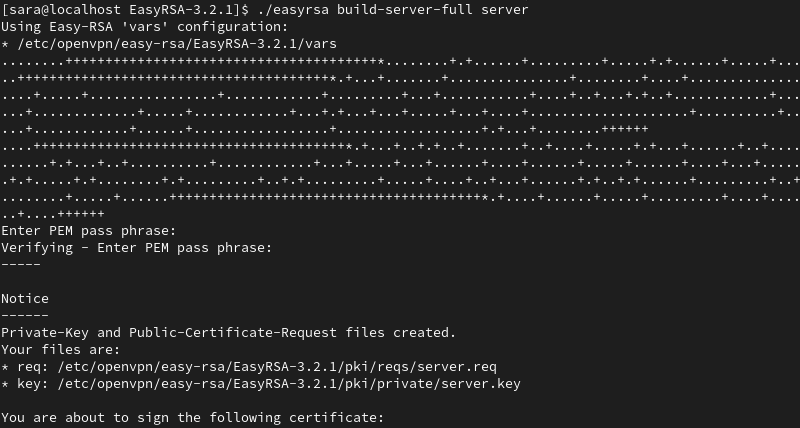 ./easyrsa build-server-full server terminal output