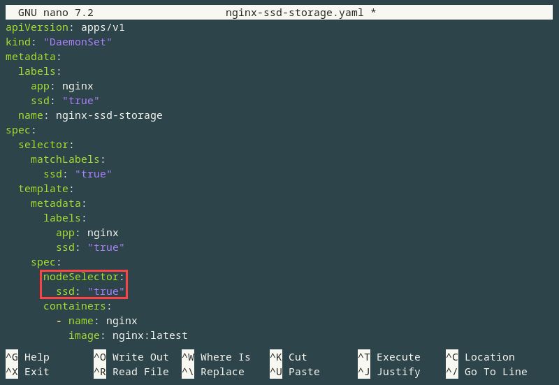 The nodeSelector field in a deployment YAML.