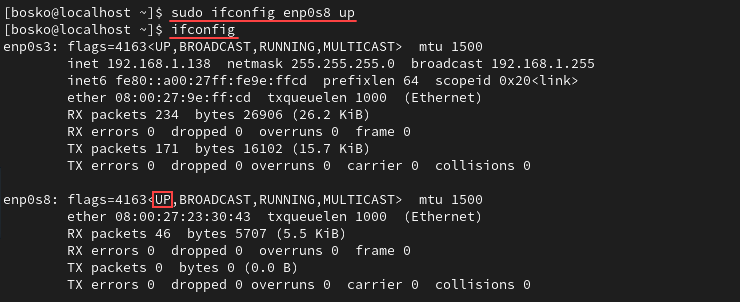 A previously inactive interface showing up as active after using the ifconfig command.