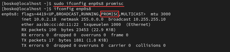 Activate promiscuous mode with ifconfig on Rocky Linux.