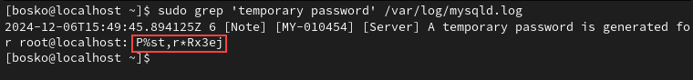 Obtaining the temporary root password after MySQL installation.