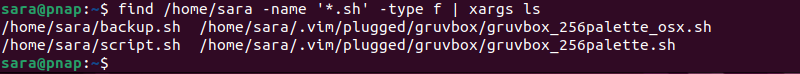 find /home/sara -name '*.sh' -type f | xargs ls terminal output