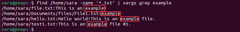 find /home/sara -name '*.txt' | xargs grep example terminal output