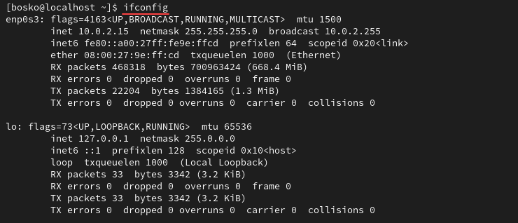 Example of the ifconfig command output.