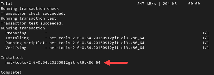 Installing the net-tools package using the yum package manager in Rocky Linux.