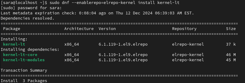 sudo dnf --enablerepo=elrepo-kernel install kernel-lt terminal output