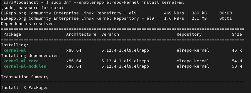 sudo dnf --enablerepo=elrepo-kernel install kernel-ml terminal output